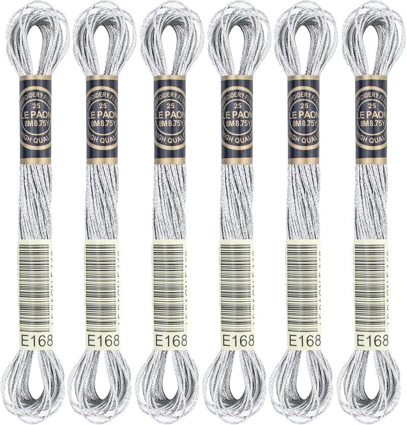 krastmon 6 Skeins Embroidery Thread, Metallic Silver Embroidery Floss Friendship Bracelet String, Polyester Cross-Stitch Threads Friendship Bracelet String for Hand Embroidery, String Art - Image 1